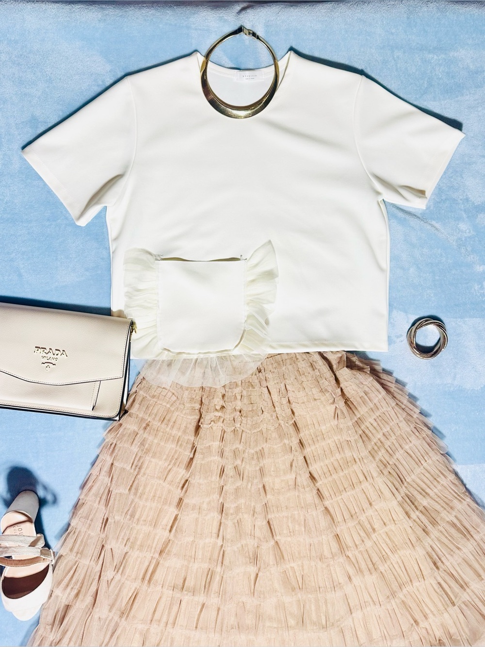 Cream Round-neck Top with Ruffle Pocket